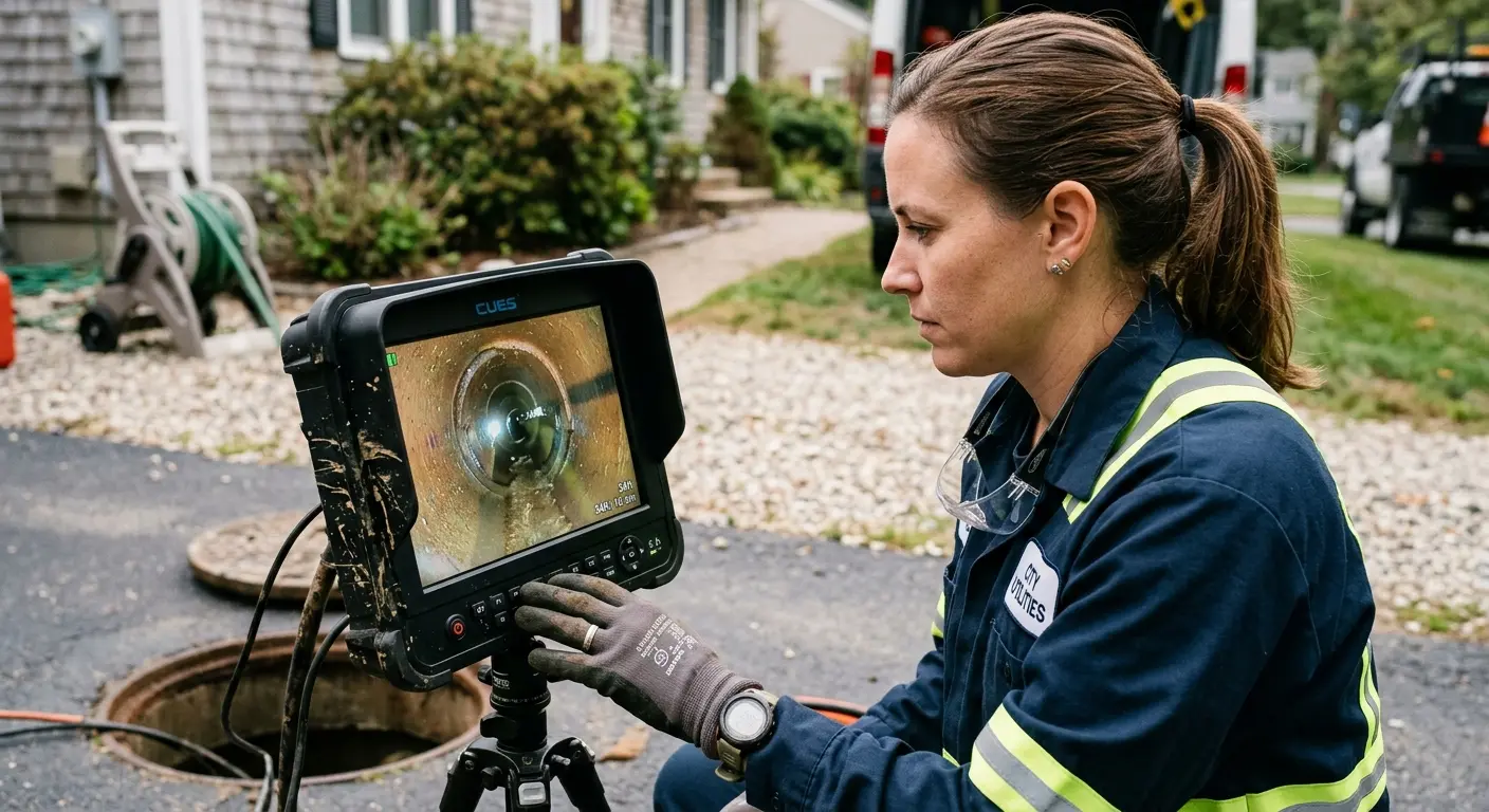 Technician reviewing sewer camera inspection footage in Aledo
