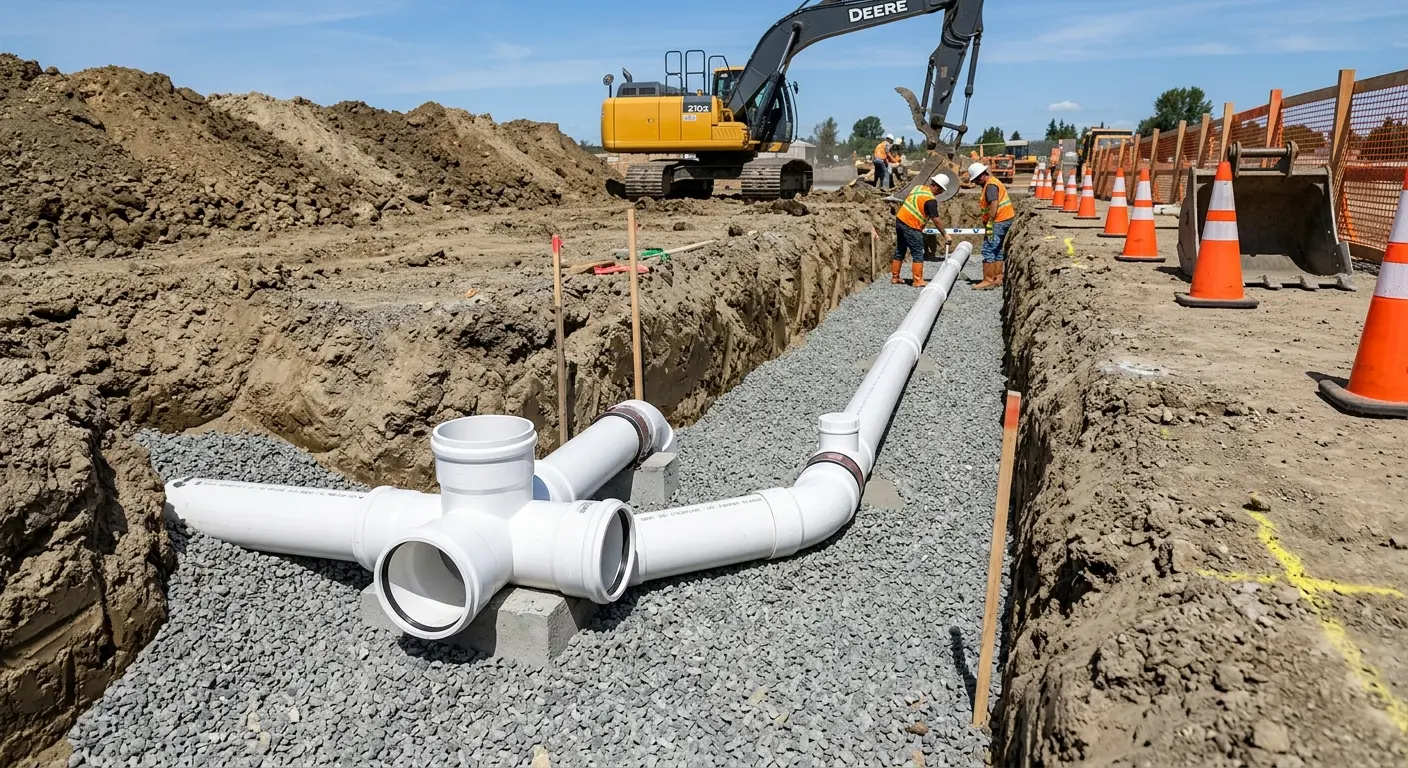 New PVC sewer pipe installation in open trench for Sewer Backup in Aledo